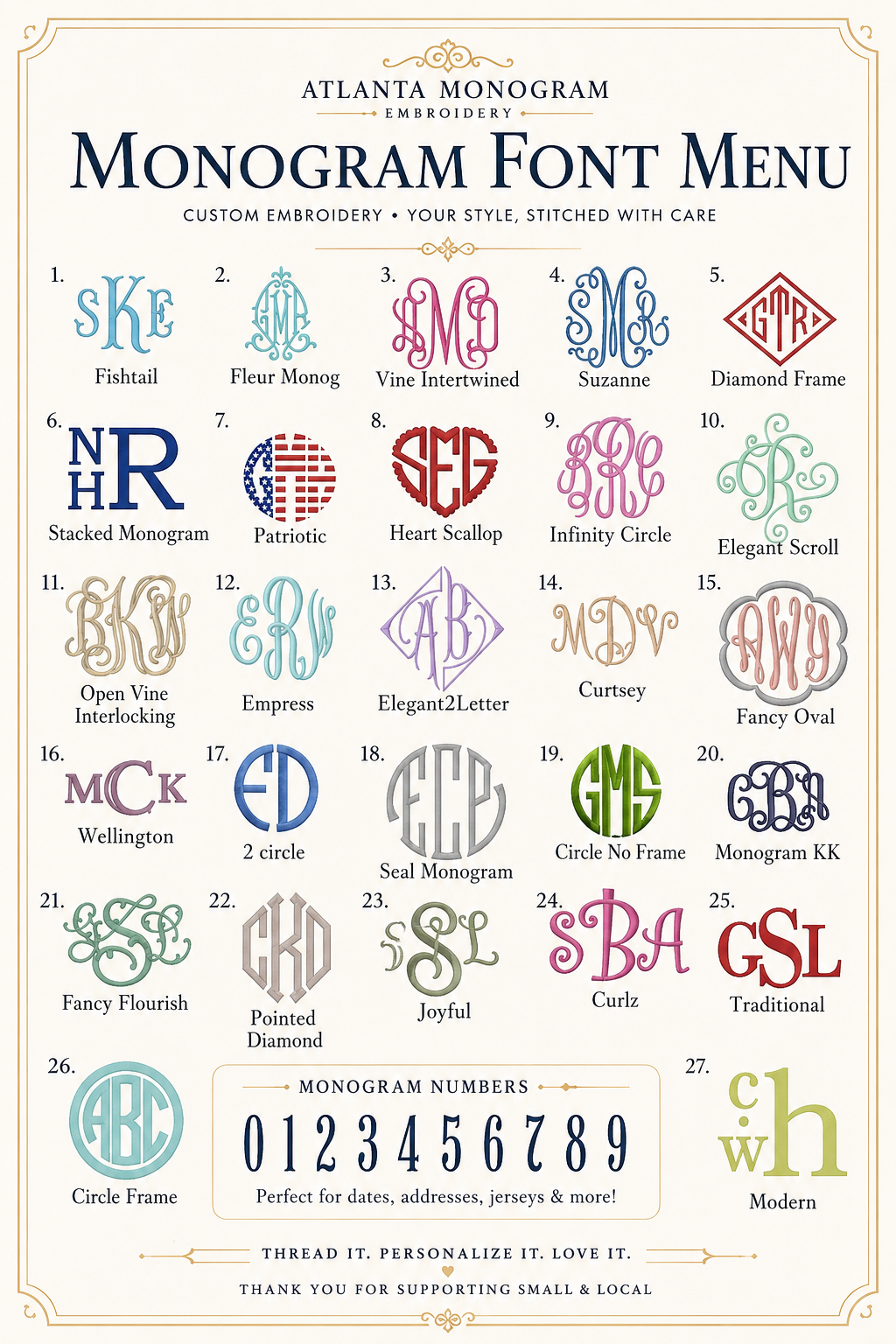 An informational chart titled 'Atlanta Monogram Embroidery Monogram Font Menu' showing 27 different monogram font styles with sample letters and numbers, plus a section for monogram numbers. This is not a photo of a physical product in use and not a clean product shot; it functions as an explanatory reference graphic, so Instruction Diagram is the best fit rather than Product/Packaging.