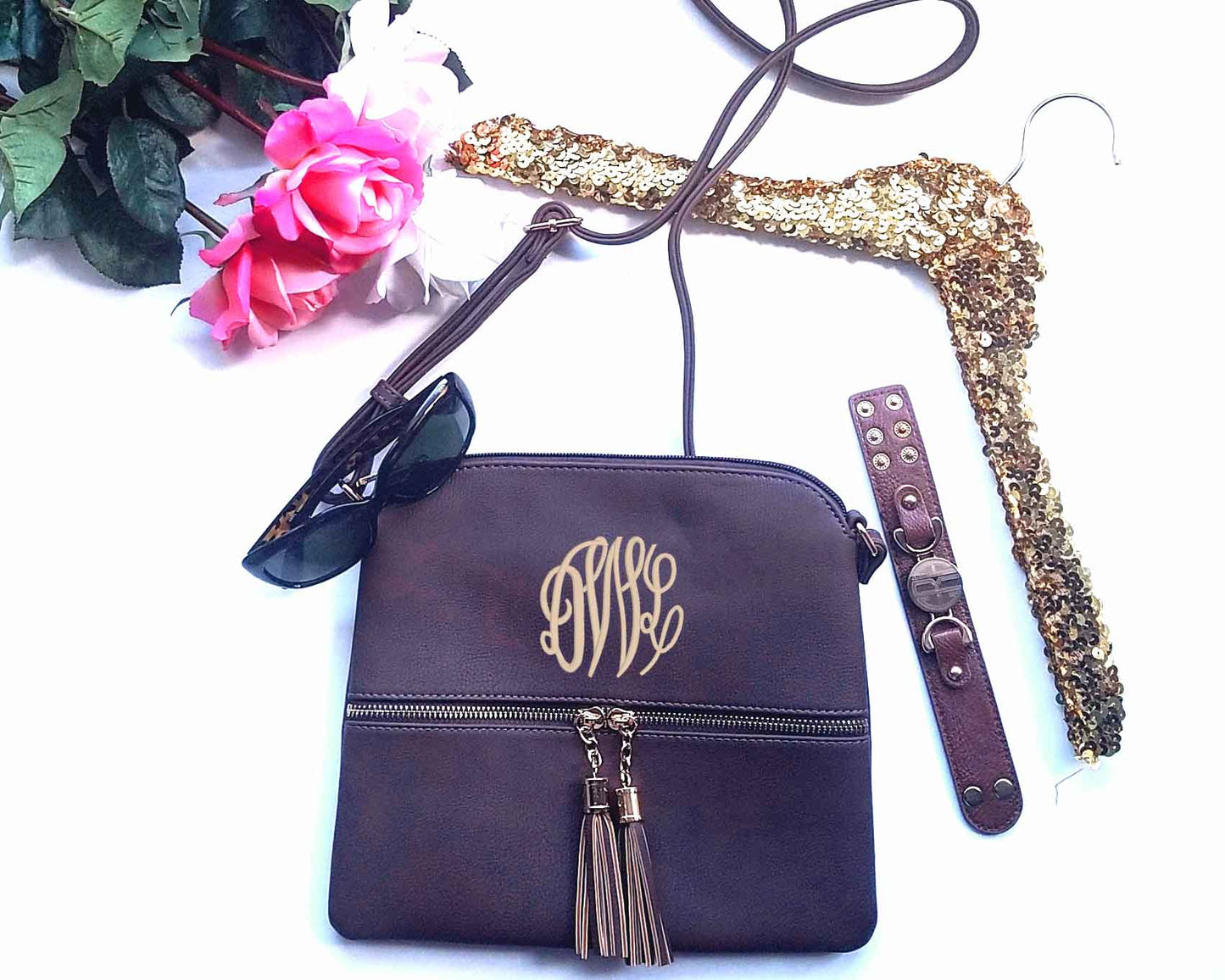 Camel tassel cross body hipster bag Monogrammed purse - Atlanta Monogram