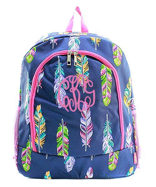 Monogrammed Navy and Pink Feather backpack - Atlanta Monogram
