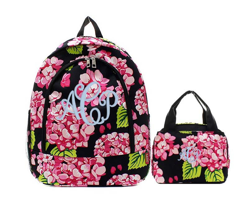 Black and Pink Hydrangea Flower backpack and lunch bag set Atlanta Monogram