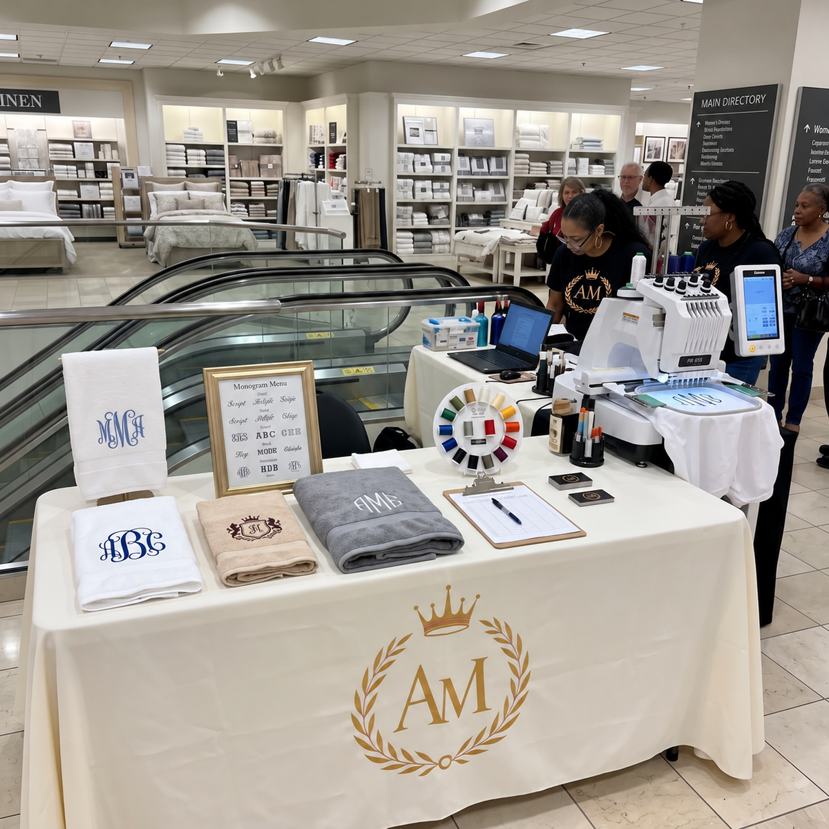 A retail display table in a department store showcasing custom monogrammed towels and a white embroidery machine with a digital touchscreen, set against a busy store background with escalators and home decor sections.