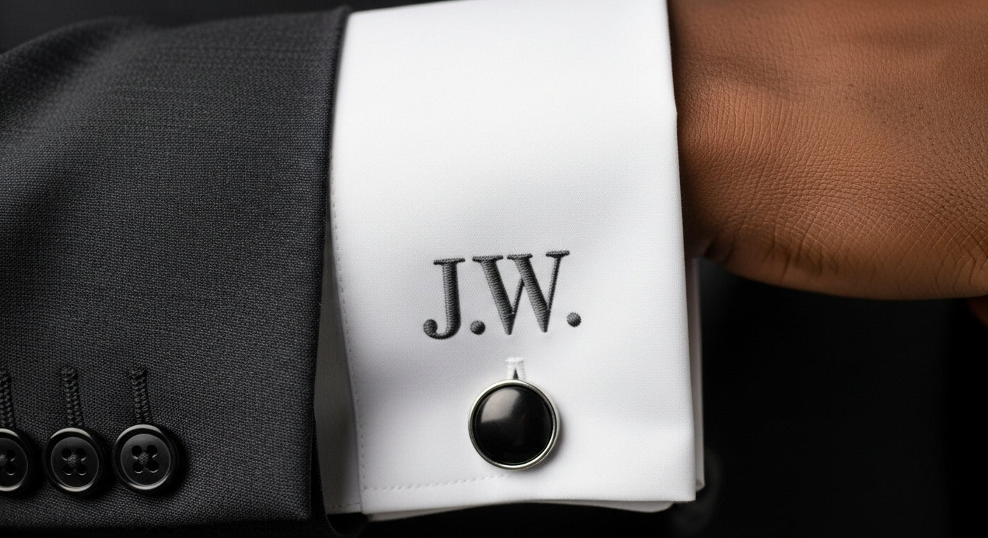 onogrammed dress shirt cuff in grey thread