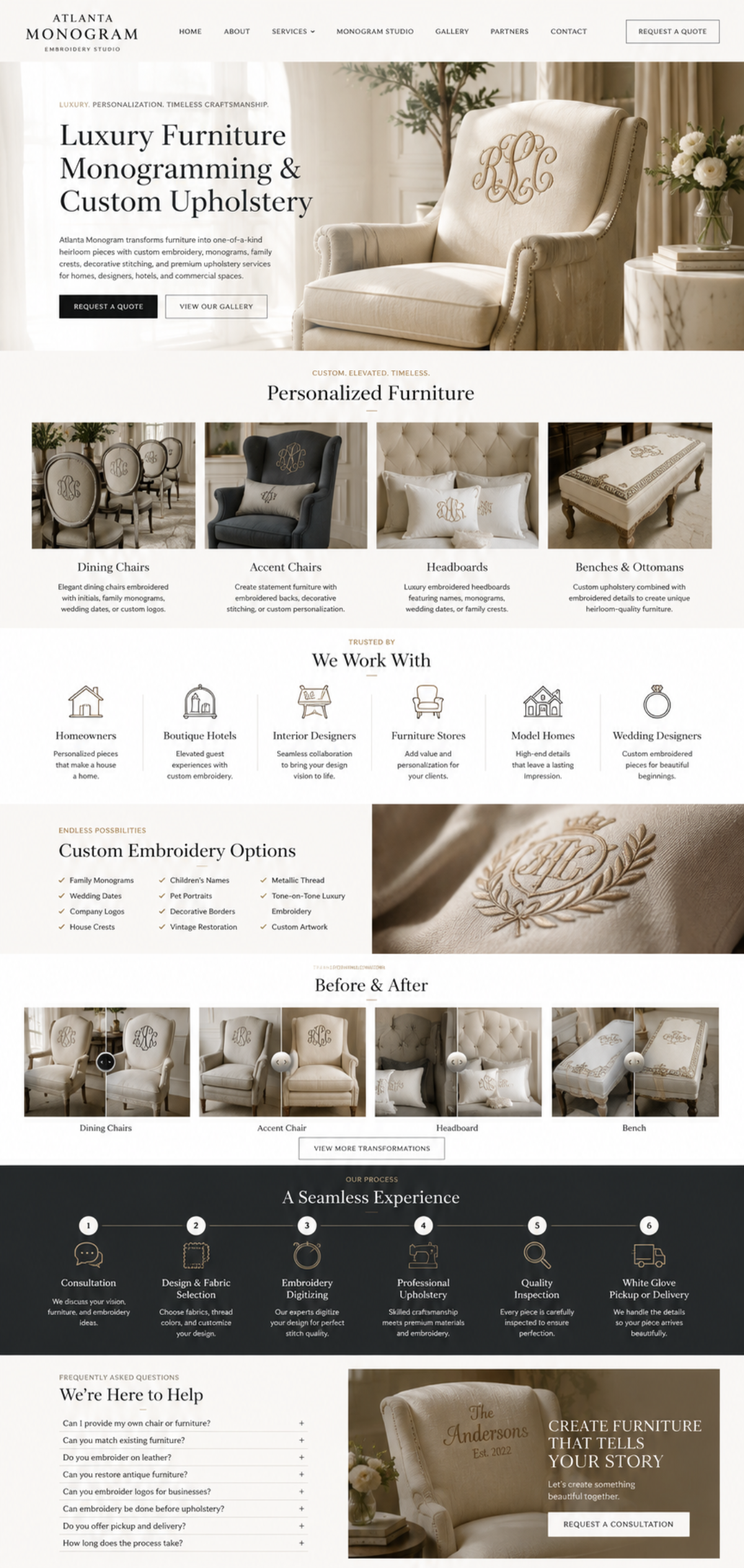 Website homepage for a furniture monogramming and custom upholstery service with images of furniture and monograms.