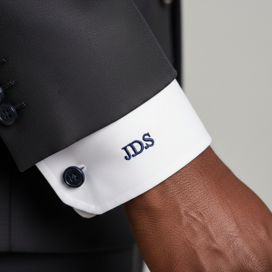 Close-up of a suit cuff with 'JDS' embroidered on it, against a neutral background.