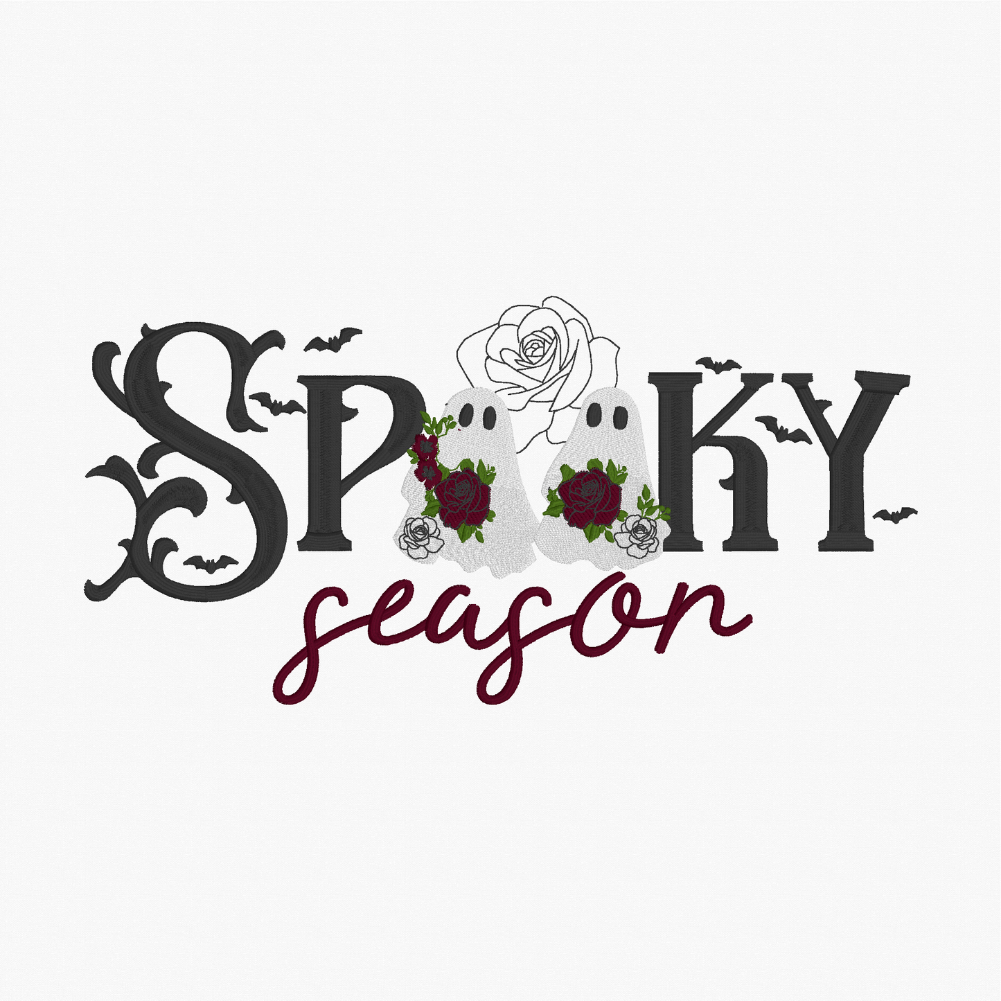 Halloween-themed graphic design reading 'Spooky season' with black ornate lettering, a white rose and ghost motif, and burgundy script text on a light gray background.