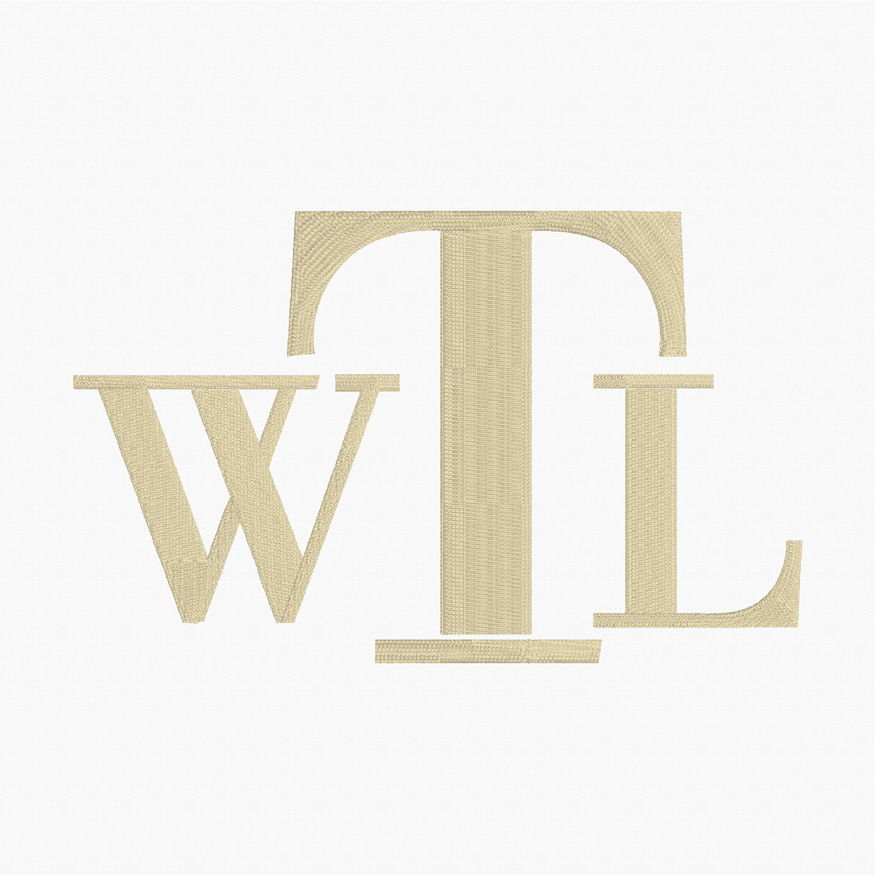 A close-up of a light beige embroidered monogram lettering, showing the letters 'W', 'T', and 'L' stitched together on a plain white background.