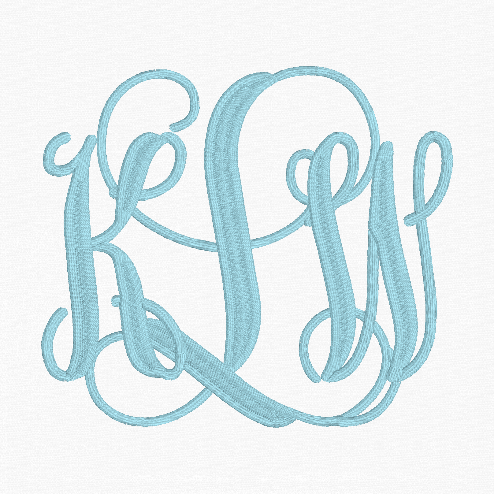 A light blue monogram design featuring the intertwined cursive letters 'K', 'L', and 'W' on a plain white background.