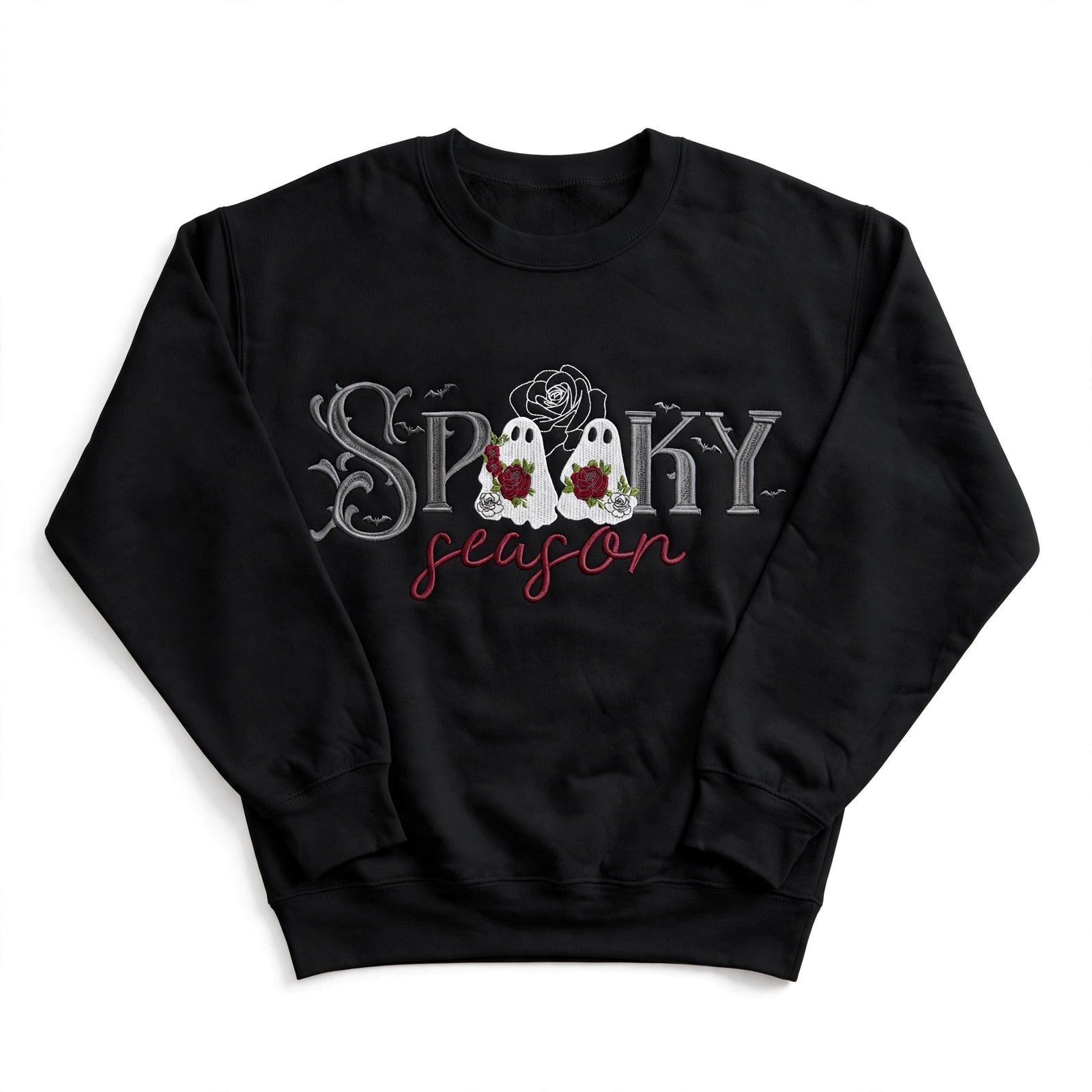 A black crewneck sweatshirt featuring a 'Spooky Season' graphic on the chest with two white ghosts holding red roses, set against a plain white background.