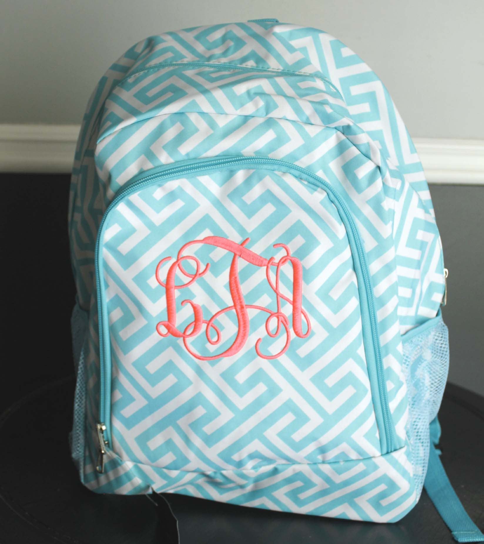 Monogrammed Navy Greek keys backpack - Atlanta Monogram