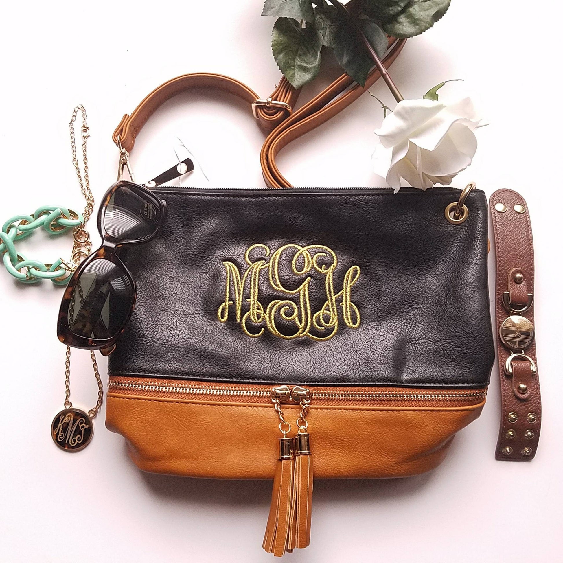 Monogrammed 2 toned zippered tassel Black Coffee Cross body - Atlanta Monogram