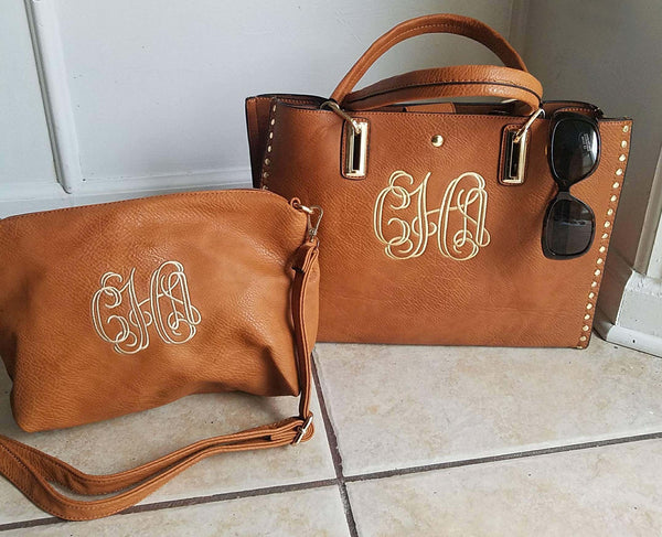 Monogrammed tassel gold 2in1 tote bag, Personalized purse in Camel - Atlanta Monogram
