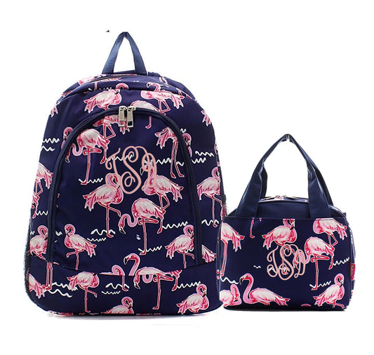 Navy and Hot Pink Flamingo Backpack and Lunch bag set