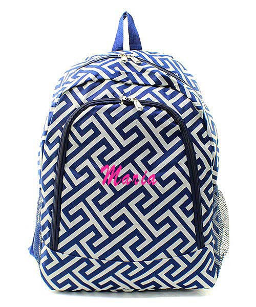 Monogrammed Navy Greek keys backpack - Atlanta Monogram