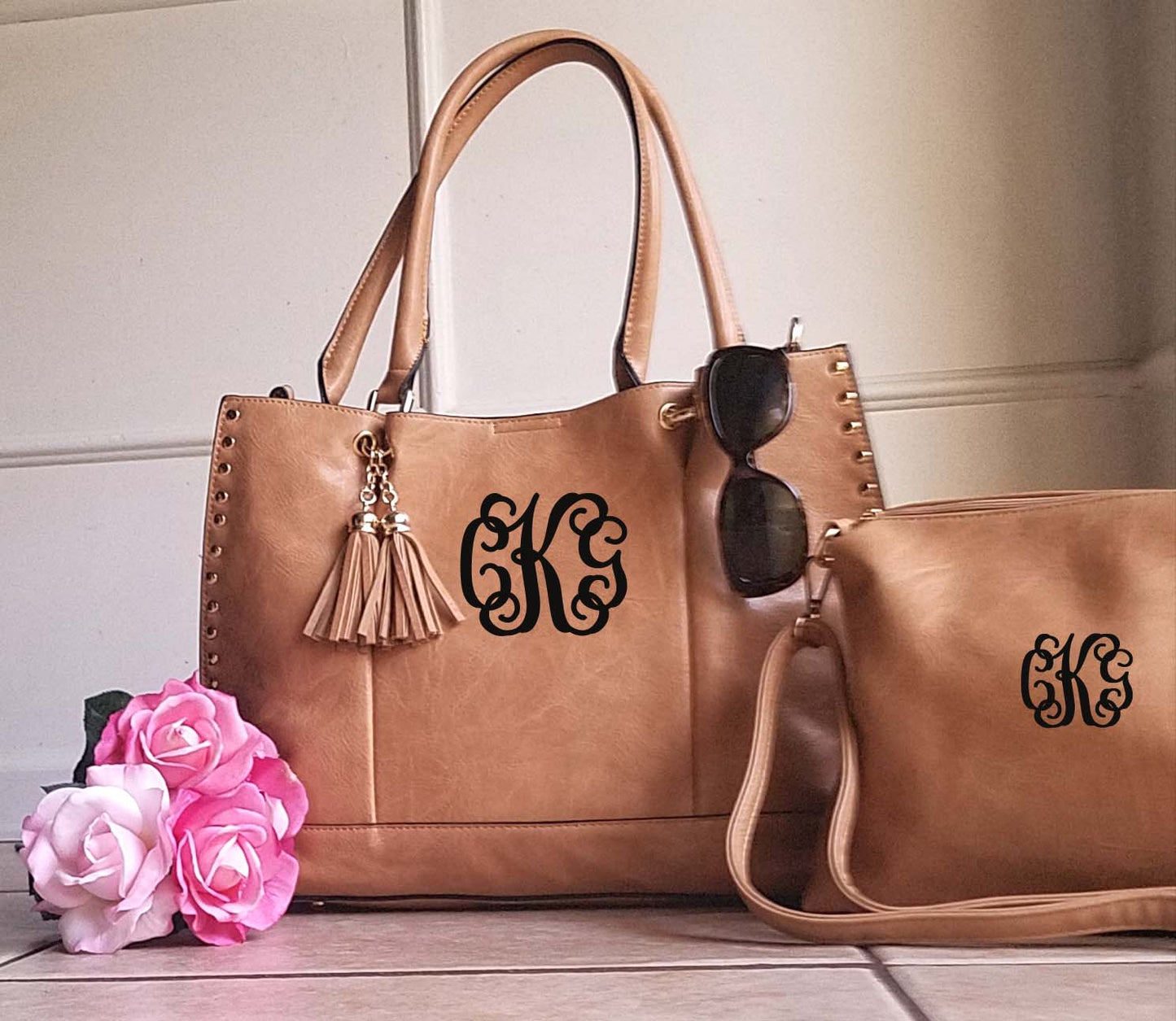 Monogram grommet tassel Tote - 2-in-1 Vegan Leather Handbag