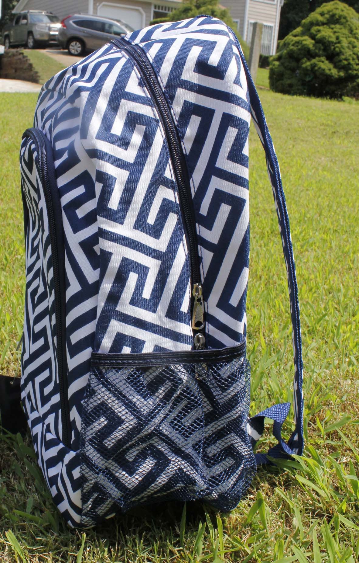 Monogrammed Navy Greek keys backpack - Atlanta Monogram