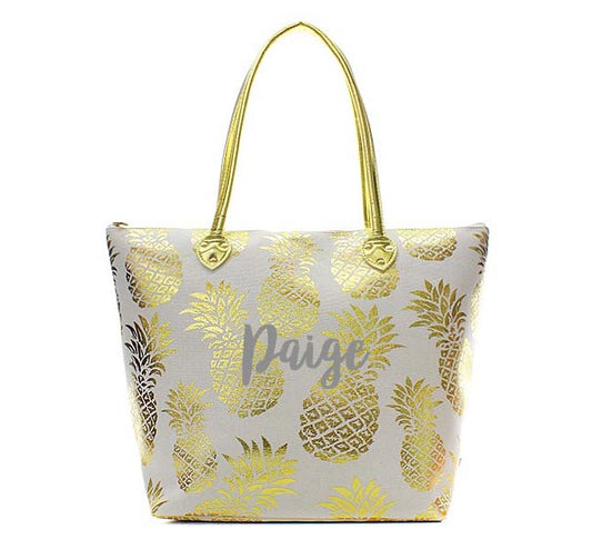 Monogrammed White and Gold metallic Pineapple tote bag GNPL909 - Atlanta Monogram