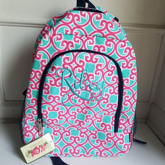 Personalized Aqua and Hot Pink print Backpack - Atlanta Monogram