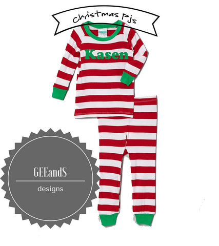Personalized Christmas Pajamas-Red and White Striped Christmas pjs PREORDER