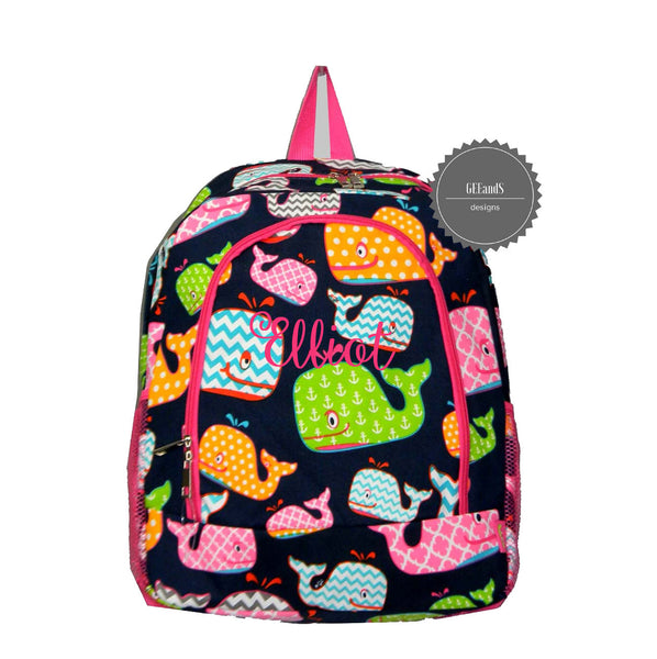 Preppy Whale print backpack- Monogrammed backpack personalized book bag - Atlanta Monogram