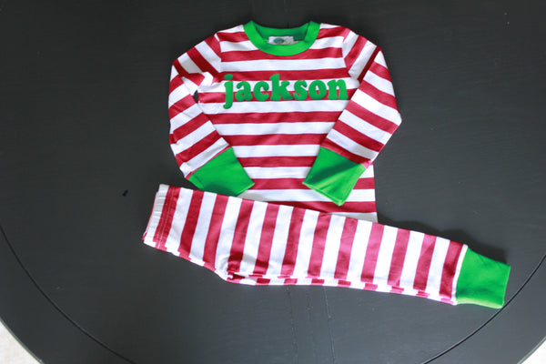Personalized Christmas Pajamas-Red and White Striped Christmas pjs - Atlanta Monogram