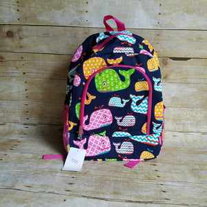 Preppy Whale print backpack- Monogrammed backpack personalized book bag - Atlanta Monogram