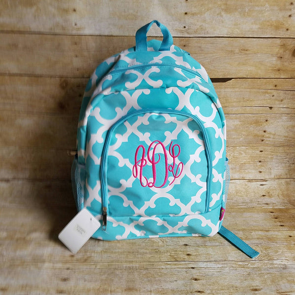 Personalized Aqua Quatrefoil backpack - Atlanta Monogram