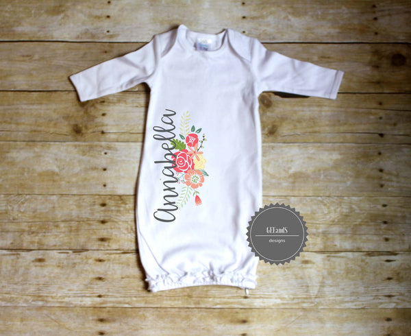 Personalized ruffled infant gown-Going home, infant girl sleeper, monogrammed infant gown, new born coming home outfit