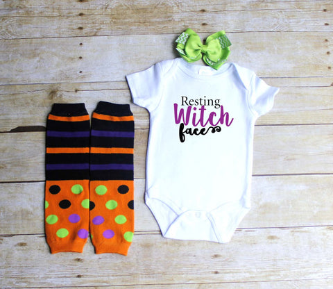 Resting Witch face infant bodysuit, leg warmers, and hair bow 3pc set-Halloween baby outfit