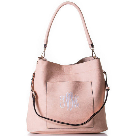 Monogrammed blush pink bucket bag 2in1 gold tone hardware, personalized purse - Atlanta Monogram