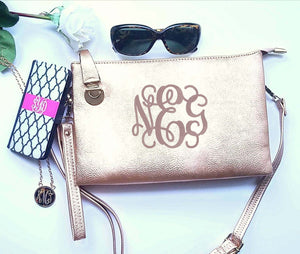Rose Gold Monogrammed crossbody hipster wristlet clutch personalized purse - Atlanta Monogram