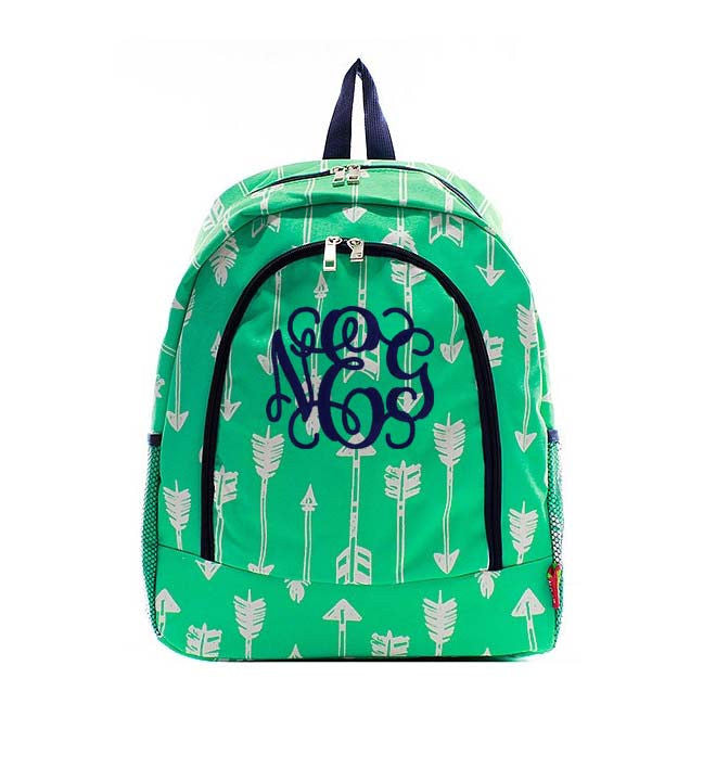 Monogrammed Mint and Navy arrows backpack - Atlanta Monogram