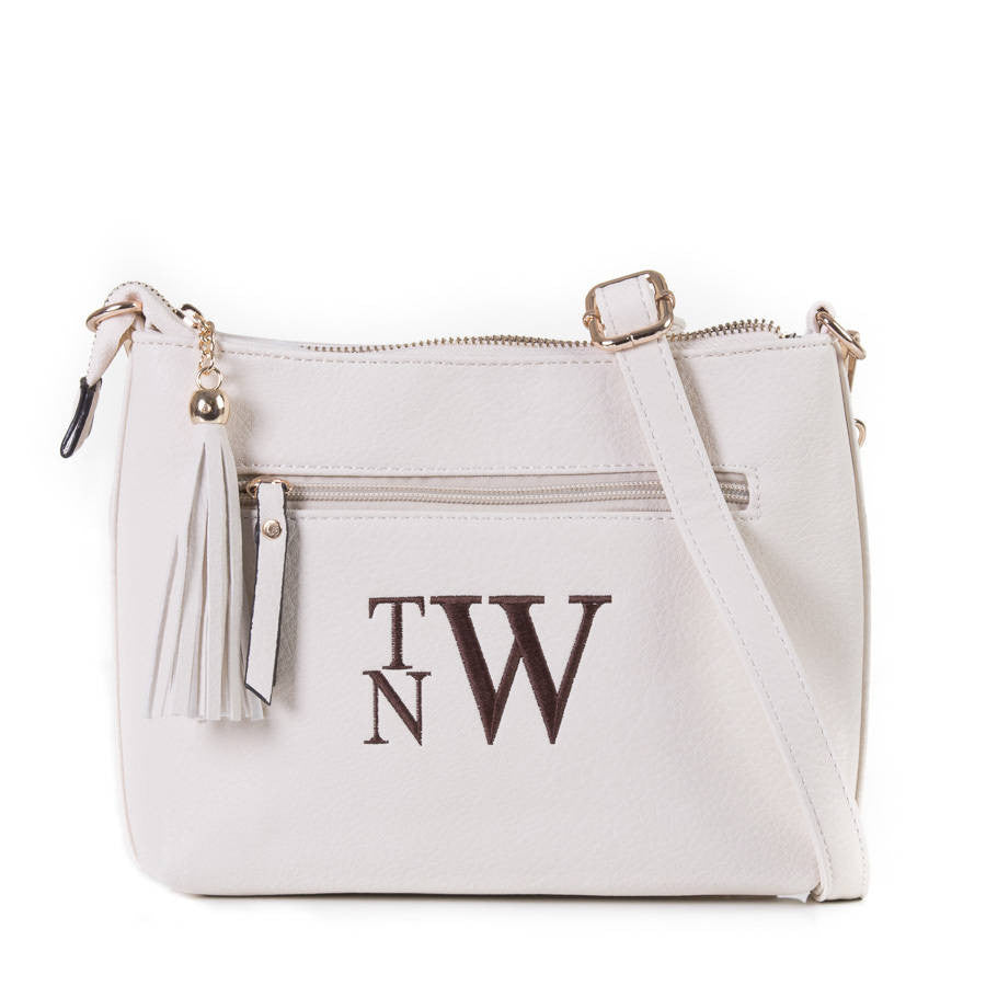 Monogrammed Zippered Tassel Cross body in white - Atlanta Monogram