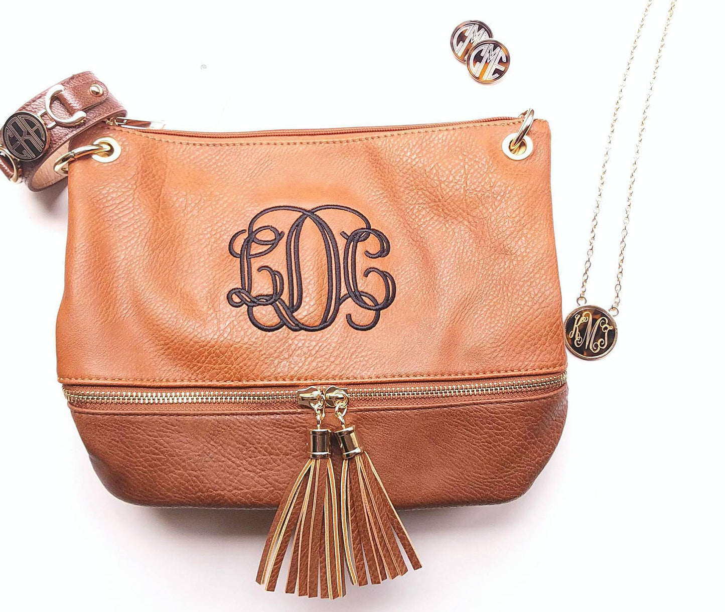 Monogrammed 2 toned zippered tassel Cross body - Camel-Personalized purse - Atlanta Monogram