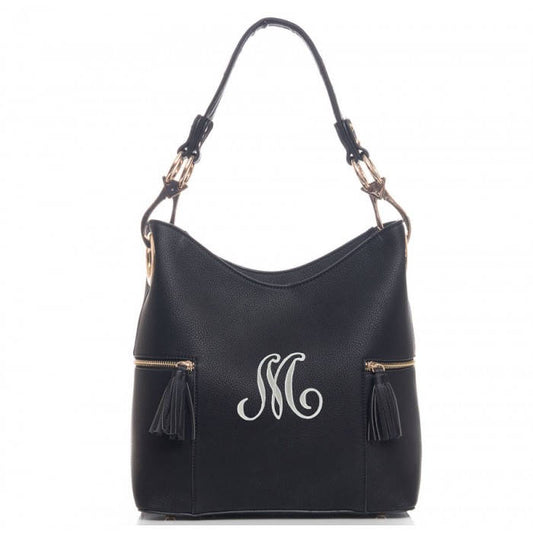 Monogrammed Double Tassel pocket Black hobo bag -The Morgan