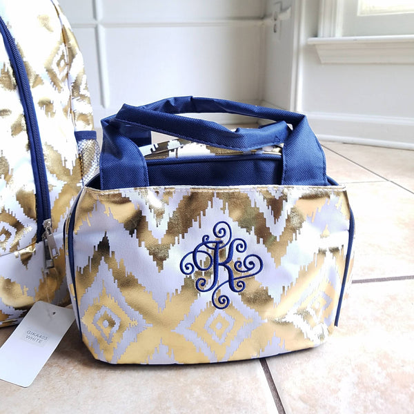 White Navy and Gold ikat backpacks custom listing for Staci