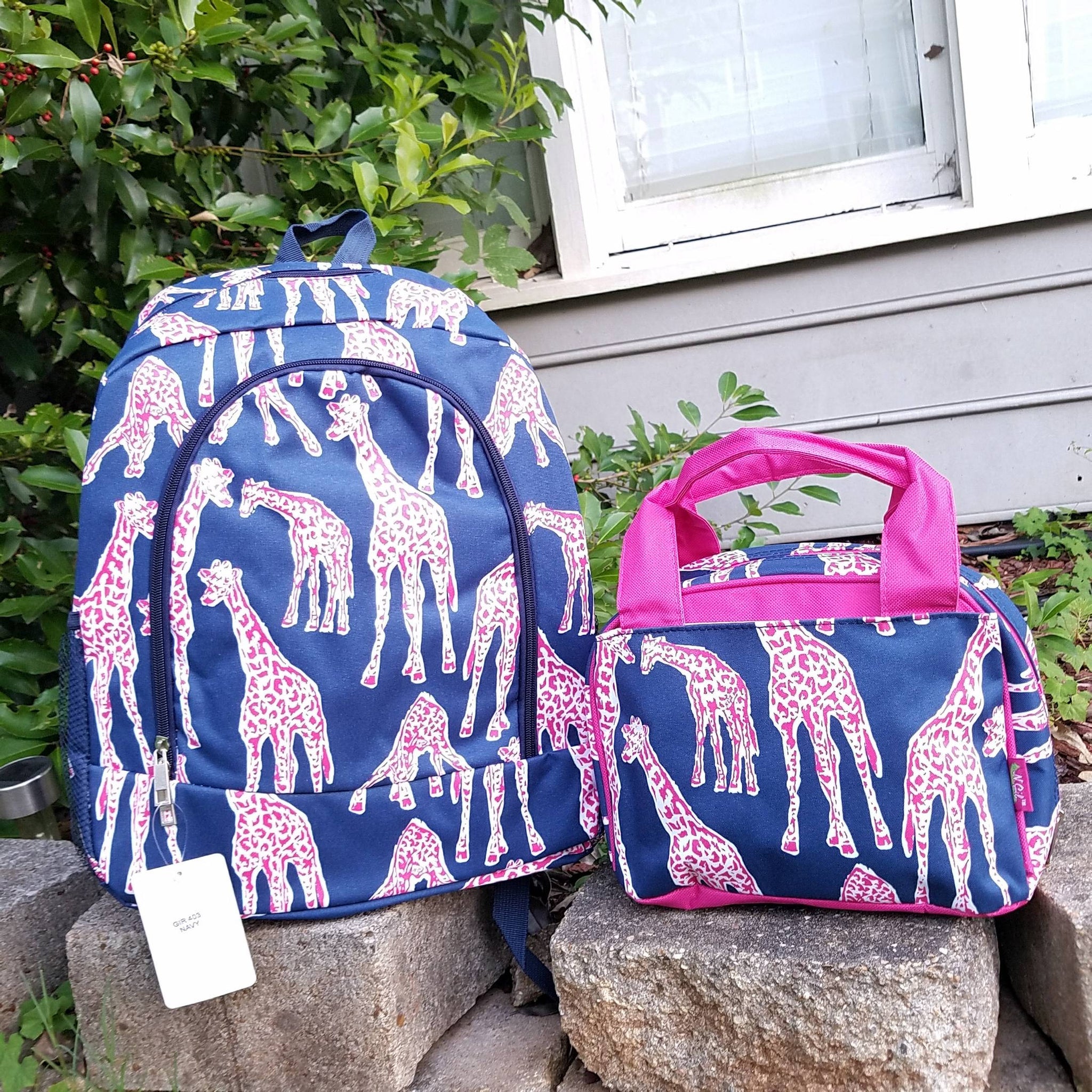 Personslized Navy and Hot pink Giraffe Backpack and Lunch bag set