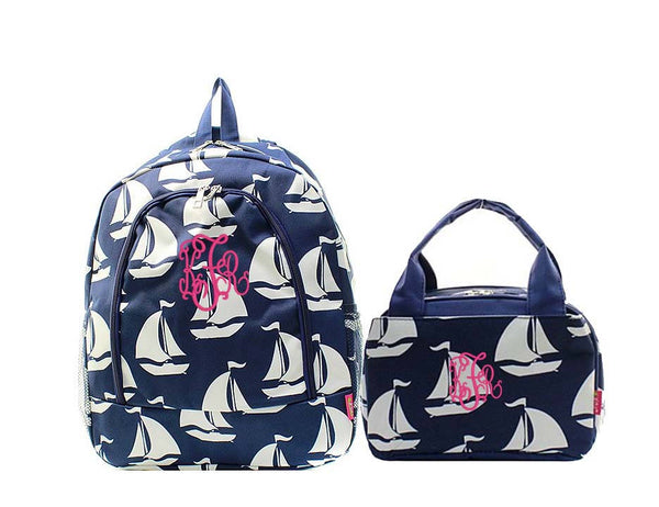 Navy Sail Boat backpack and lunch bag set