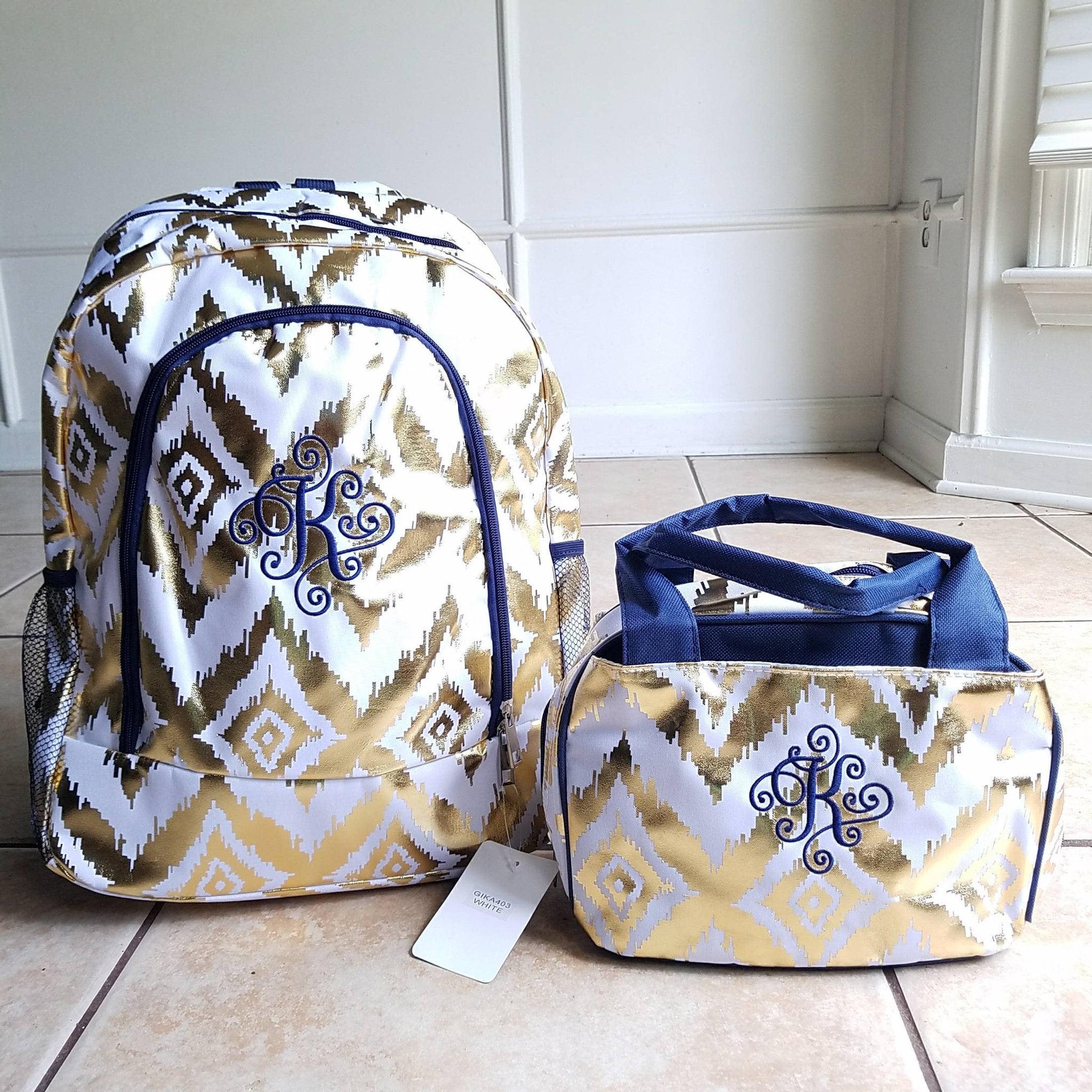 White Navy and Gold ikat backpacks custom listing for Staci