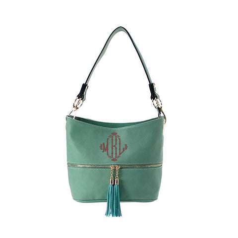 Mint Blue double tassel zipper cross body bag, Monogrammed cross body, personalized purse