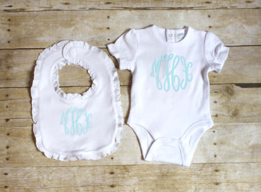 Monogrammed Ruffled 2pc infant bodysuit and bib set for girls - Atlanta Monogram